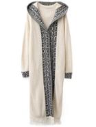 Romwe White Tribal Pattern Fringe Hem Hooded Long Cardigan