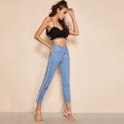 Romwe Contrast Striped Tape Side Bleach Wash Jeans
