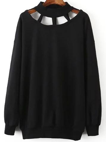 Romwe Cut Out Neck Boyfriend Black Sweater