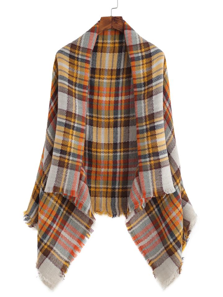 Romwe Yellow Tone Plaid Raw Edge Square Shawl Scarf