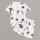 Romwe Guys Floral Print Tee With Bermuda Shorts