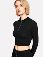 Romwe Ring Zip Up Front Ribbed Crop Tee
