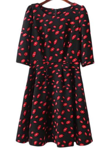 Romwe Multicolor Half Sleeve Zipper Back Lips Print Dress