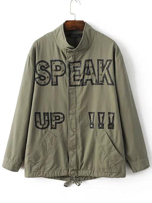 Romwe Army Green Eagle Embroidered Studded Zipper Coat