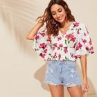 Romwe Layered Bell Sleeve Shirred Panel Floral Top