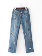 Romwe Rhinestone Flower Embellished Jeans