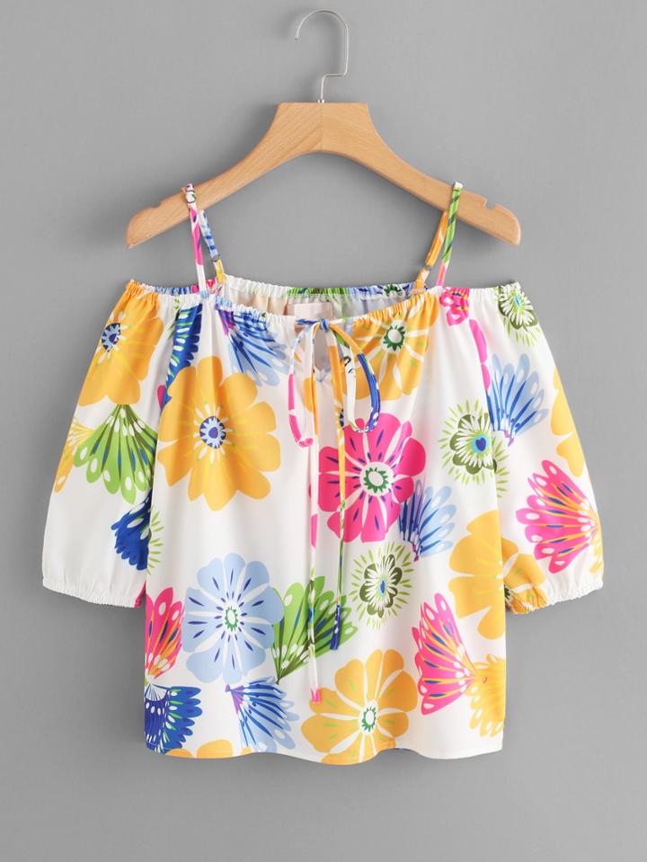 Romwe Open Shoulder Tie Neck Floral Top