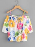Romwe Open Shoulder Tie Neck Floral Top