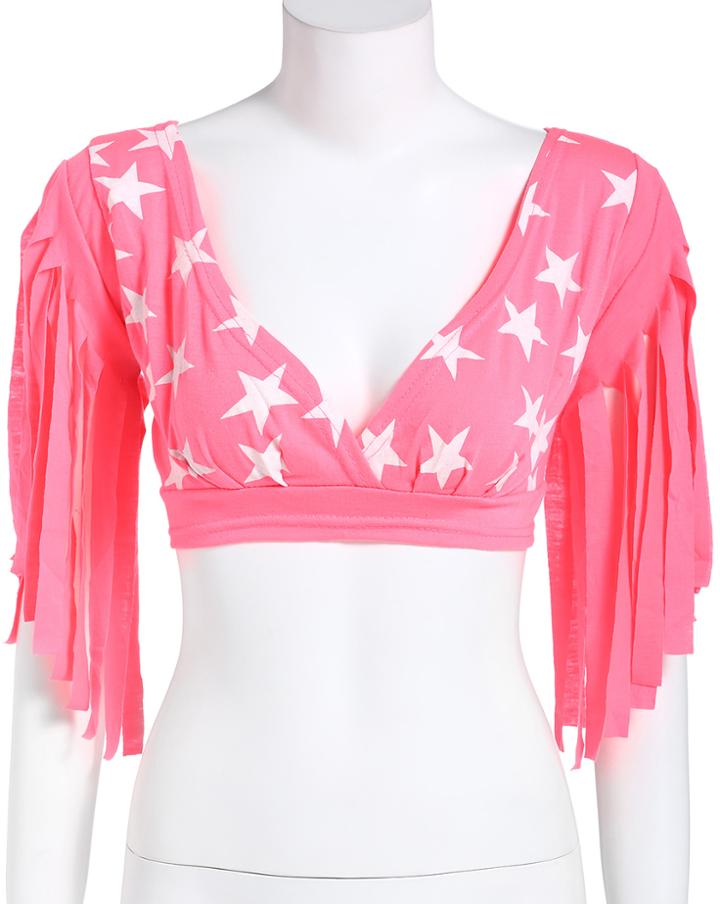 Romwe Deep Plunge Neck With Tassel Crop Top