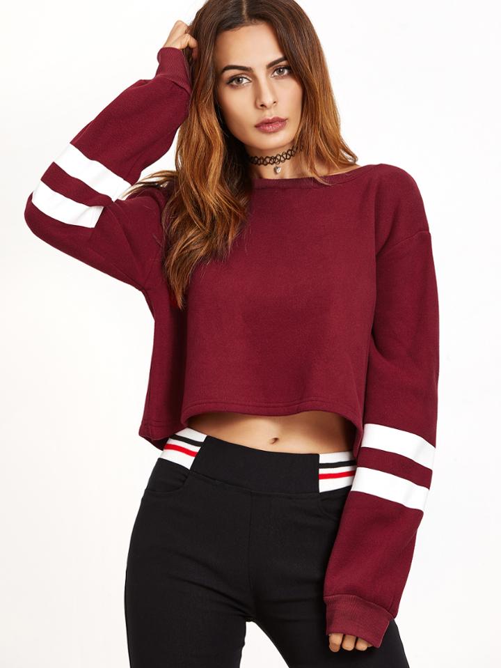Romwe Burgundy Varsity Striped Print Crop Sweatshirt