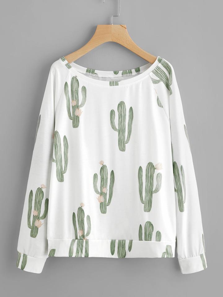 Romwe Cactaceae Print Raglan Sleeve Sweatshirt