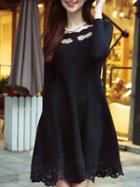 Romwe Black Round Neck Long Sleeve Hollow Embroidered Knit Dress