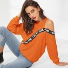 Romwe Asymmetrical Neck Letter Tape Pullover