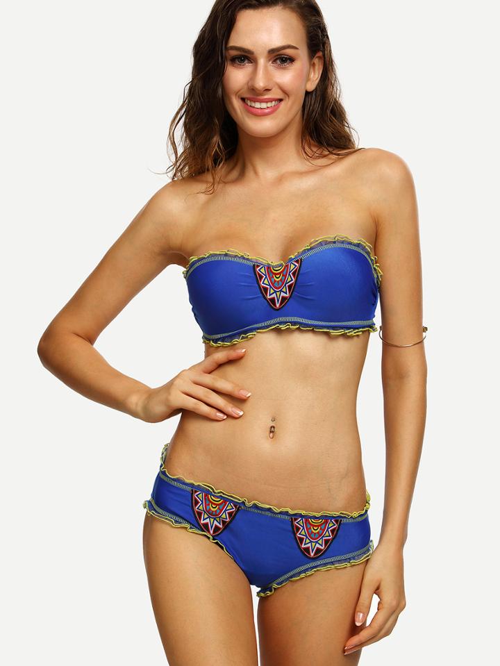 Romwe Blue Geometric Print Ruffled Trim Bandeau Bikini Set