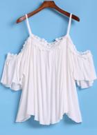 Romwe White Spaghetti Strap Floral Crochet Loose Top