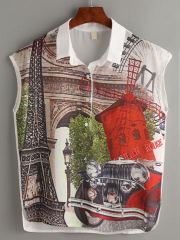 Romwe White City View Print Chiffon Blouse