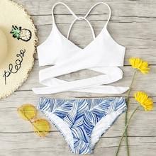 Romwe Criss Cross Wrap Top With Leaf Print Bikini Set