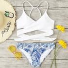 Romwe Criss Cross Wrap Top With Leaf Print Bikini Set