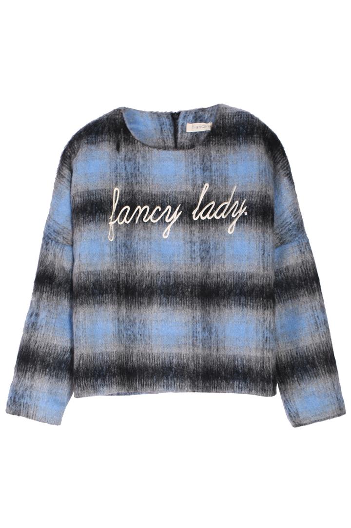 Romwe Check Letters Print Crop Blue Coat