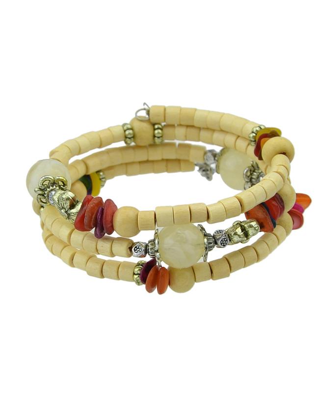 Romwe Beige Layers Wooden Beads Bracelet