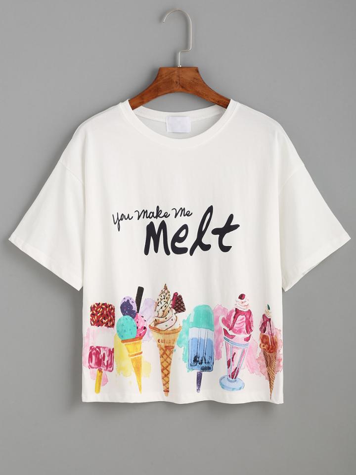Romwe White Ice Cream Print T-shirt