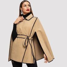 Romwe Contrast Binding Buttoned Shoulder Wrap Cape Coat