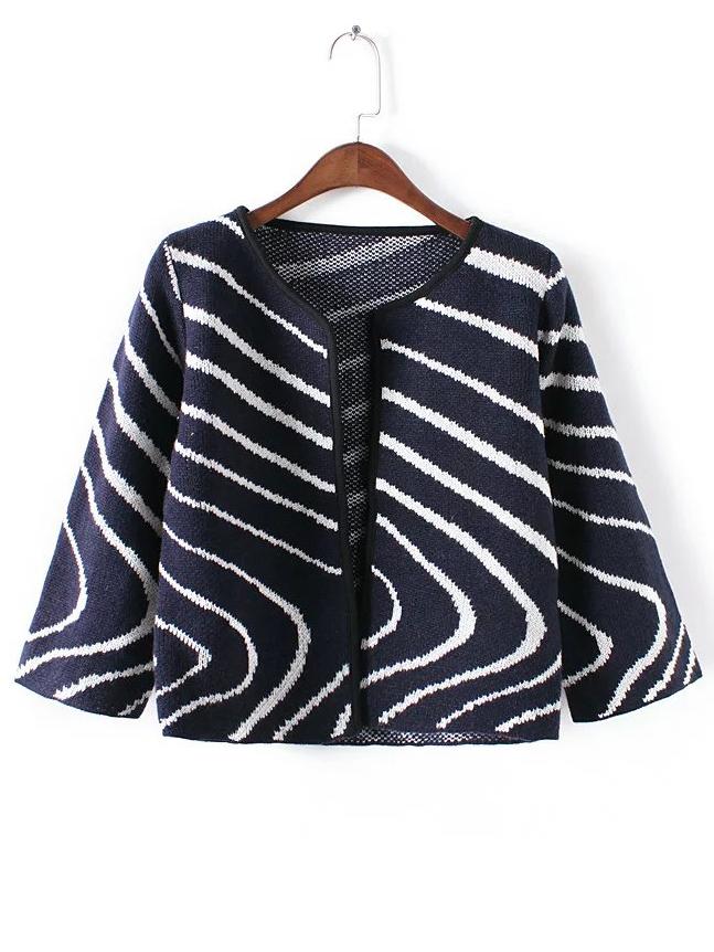 Romwe Striped Crop Navy Coat
