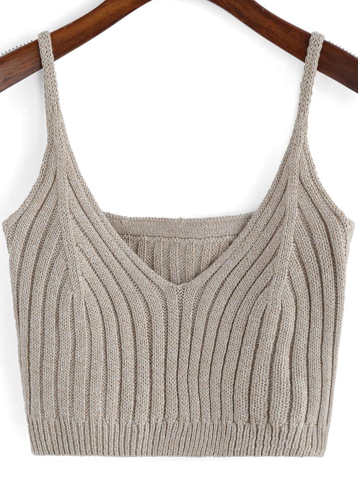 Romwe Khaki Spaghetti Strap Knit Cami Top