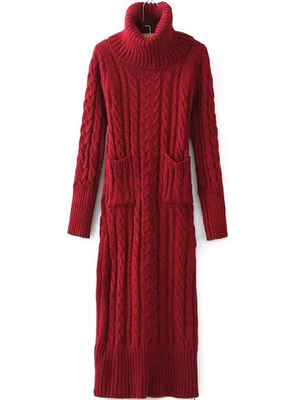 Romwe Turtleneck Long Sleeve Cable Knit Wine Red Sweater Dress
