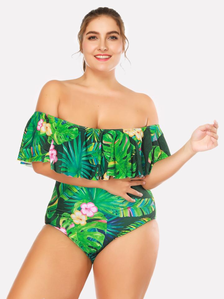 Romwe Palm & Flower Print Flounce Swimsuit