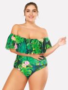 Romwe Palm & Flower Print Flounce Swimsuit