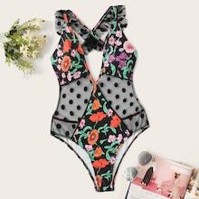 Romwe Open Back Dot Mesh Insert Floral One Piece Swimwear