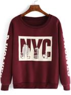 Romwe Letter Print Maroon Sweatshirt