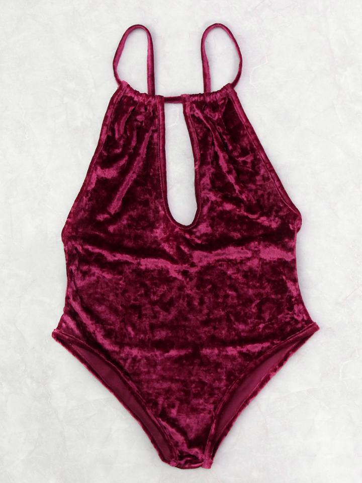 Romwe Keyhole Front Halter Velvet Swimsuit