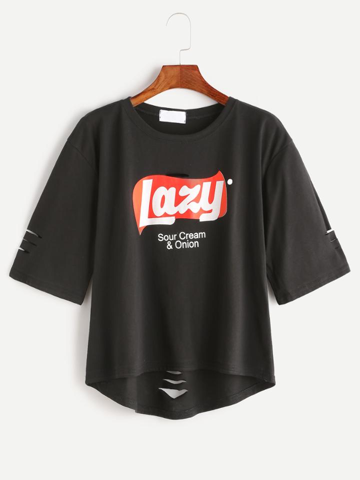 Romwe Black Letter Print Dip Hem Ripped T-shirt