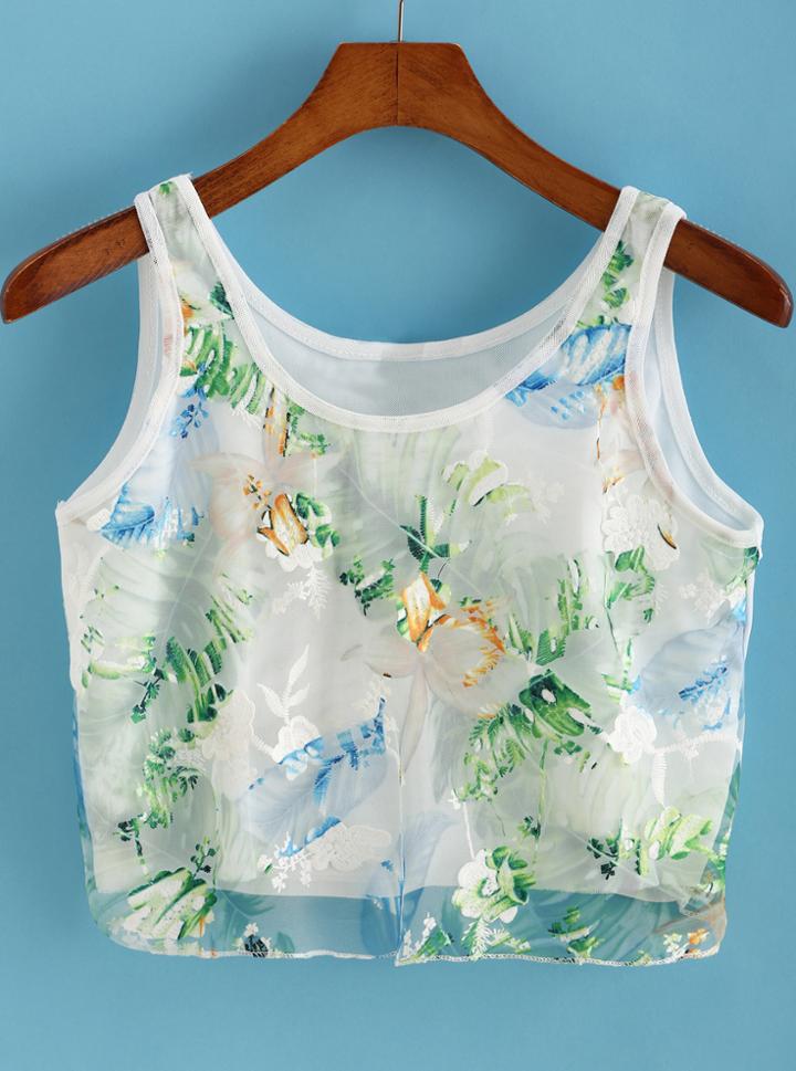 Romwe Florals Mesh Green Tank Top
