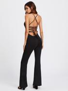 Romwe Lace Up Open Back Flare Jumpsuit