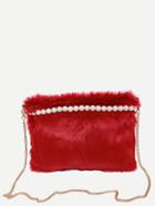 Romwe Red Beaded Faux Fur Clutch With Chain Strap