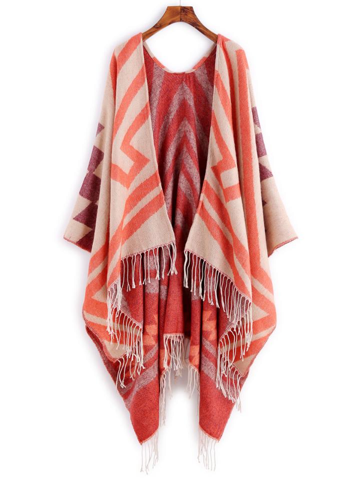 Romwe Beige And Orange Geometric Print Fringe Poncho Scarf