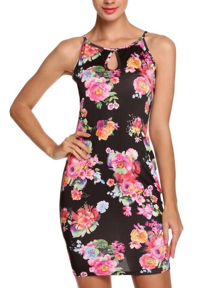 Romwe Keyhole Neck Flower Print Cami Dress - Black