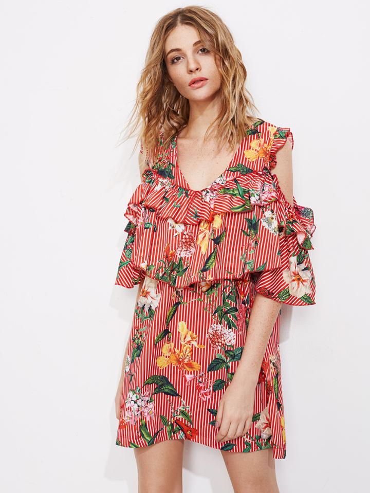 Romwe Layered Flounce Tropical Print Striped Dress
