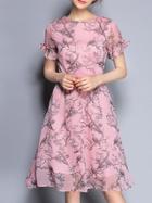 Romwe Pink Ruffle Sleeve Birds A-line Dress