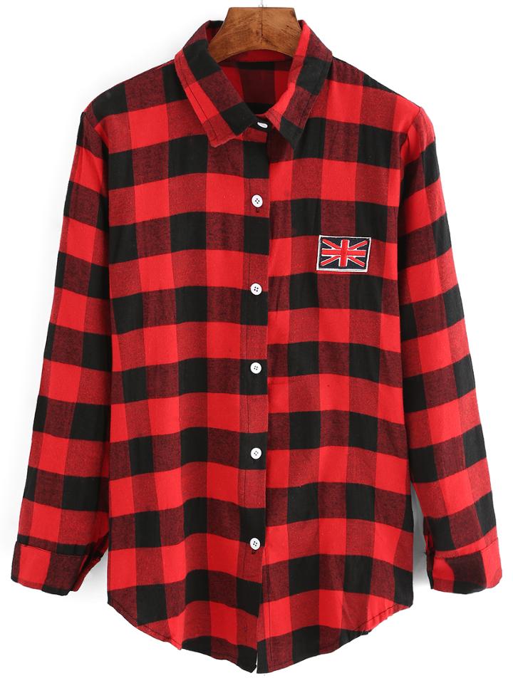 Romwe Plaid Buttons Blouse With Patch