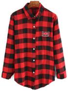 Romwe Plaid Buttons Blouse With Patch