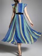 Romwe Blue Color Block Ruffle Sleeve Belted Dress