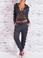Romwe Hooded Leopard Zipper Top With Drawstring Bow Grey Pant