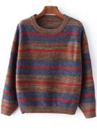 Romwe Women Striped Loose Brown Sweater