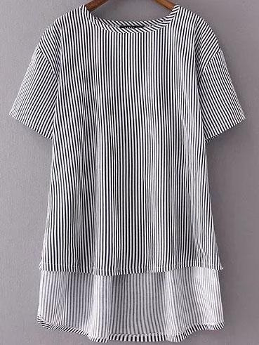 Romwe Striped Letter Embroidery Back Dip Hem Blouse