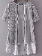 Romwe Striped Letter Embroidery Back Dip Hem Blouse