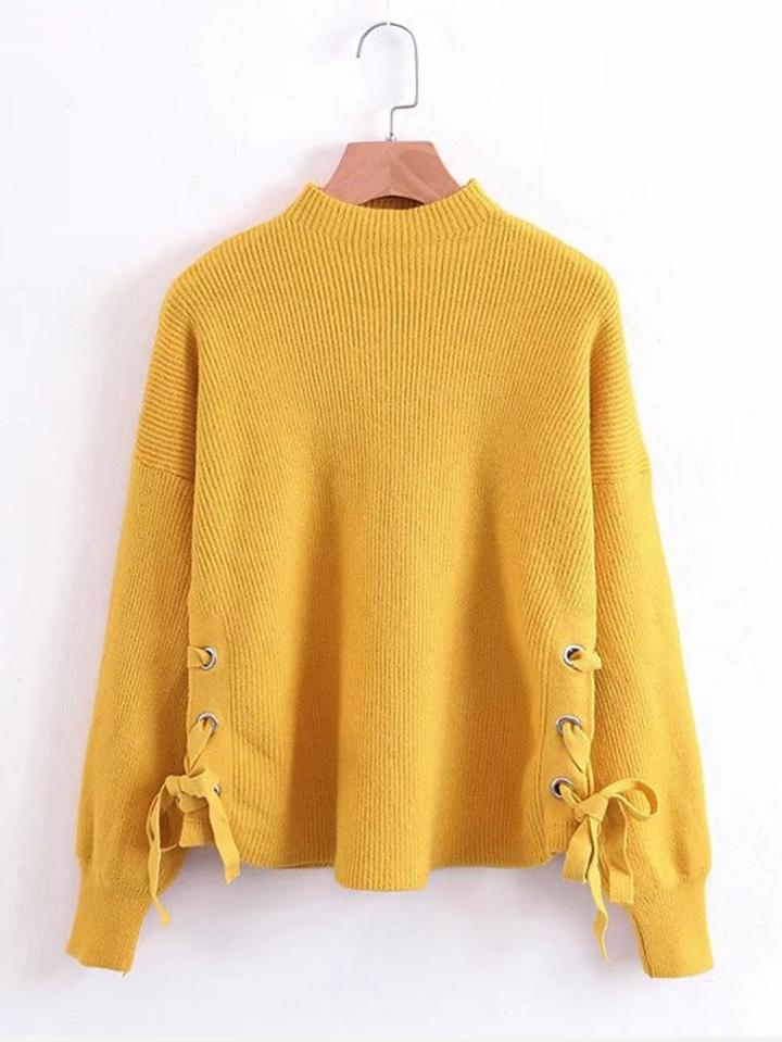 Romwe Lace Up Side Ribbed Knit Sweater